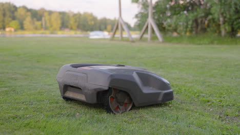 Robot-Lawn-Mower-Cutting-Grass,-tracking-shot