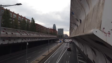 Panoramic-Inside-Concrete-Grey-Highway-in-Barcelona,-Spain,-Cars-Traffic