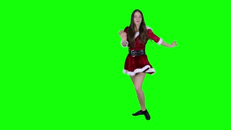 Begeisterte-Und-Energiegeladene-Weibliche-Weihnachtsmann-Weihnachts-Cosplay-Tanzvorstellung-Im-Roten-Kleid-Vor-Dem-Grünen-Bildschirm