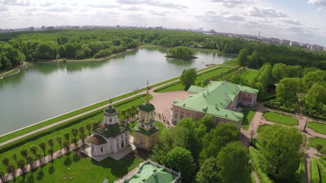 Scene-of-Tsaritsyno-Park-with-big-pond-aerial-view