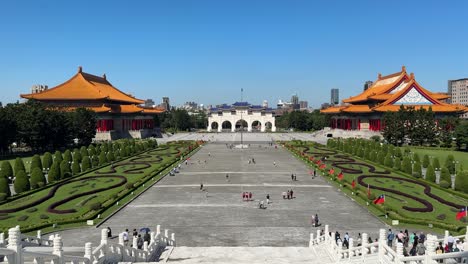Iconic-and-impressive-open-space-park-view-of-the-Liberty-Square-Arch,-National-Theater,-and-National-Concert-Hall-in-Chiang-Kai-Shek-Memorial-Hall-in-Taipei,-Taiwan
