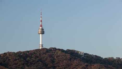 Time-lapse-shot-of-freestanding-tower-in-the-forest-Seoul-South-Korea