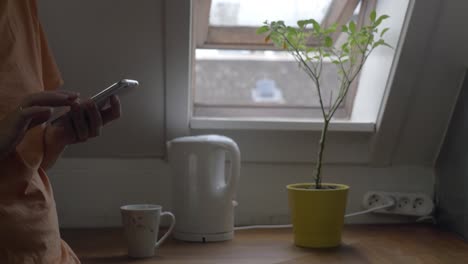 Woman-using-cellphone-and-making-tea-at-home