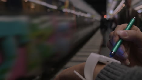 Mujer-Usando-Reloj-Inteligente-En-La-Estación-De-Metro