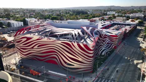 Panning-right-drone-shot-of-the-Petersen-Automotive-Museum-in-Los-Angeles-CA
