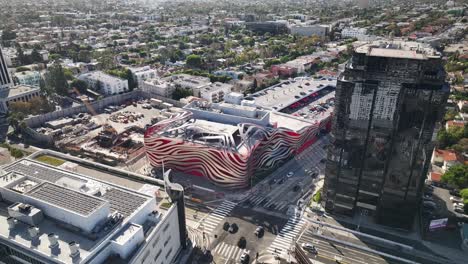 Petersen-Automotive-Museum-top-down-drone-shot-and-slowly-panning-up