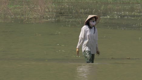 Mujer-Vietnamita-Terminando-El-Trabajo-De-Limpiar-El-Agua-De-La-Maleza.