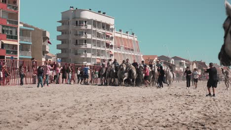 Slow-motion-shot-of-a-group-of-horseriders-galloping-across-the-Palavas-Beach