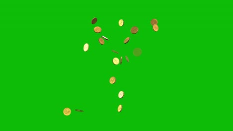 Gold-coins-thrown-up-from-the-bottom-and-falling-down,-like-jackpot,-on-green-screen-3D-animation