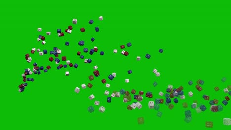 Casino-white,-red-and-blue-dice-thrown-up-and-falling-down-from-left-side-on-green-screen-3D-animation,-dice-jackpot,-dice-fountain