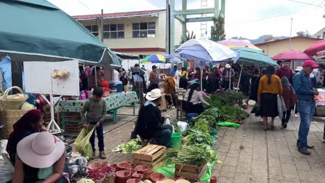 POV-walking-inside-local-food-market-with-people-wearing-traditional-Mexican-chiapas-clothing