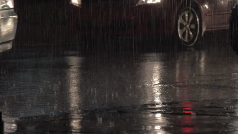 Regenpfützen-Und-Fallende-Tropfen-Gegen-Die-Lichter-Der-Autostadt