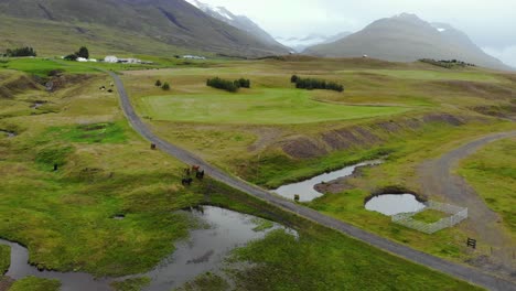 Luftaufnahme-Der-Grünen-Berglandschaft-In-Island-Mit-Nebligem-Wetter-Im-Herbst