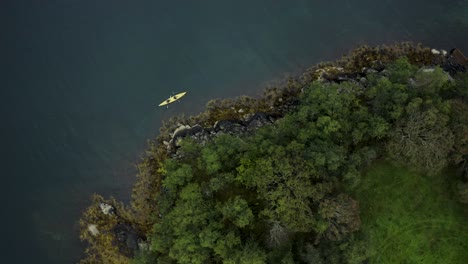 Aerial-drone-shot-of-kayakers-on-huge-lake-with-coastline