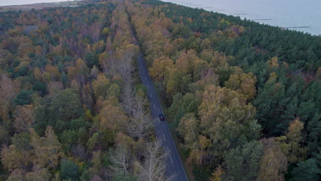 Aerial-view-of-a-car-driving-on-a-road-through-a-colorful-autumn-forest