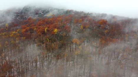 Aeriel-View-of-Brisk-Foggy-Morning-Atop-Mountainside-Forest-with-Red-and-Yellow-Leaves