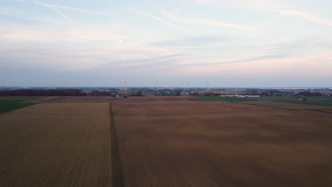 Crop-farmland-with-clean-rows-and-lines-as-cloud-shadows-pass-above,-wind-turbines-in-distance