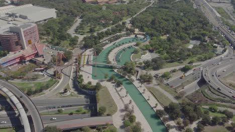 Aerial-orbiting-shot-of-the-Paseo-Santa-Lucia,-Monterrey,-Nuevo-Leon
