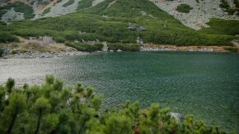 Hermoso-Y-Tranquilo-Lago-Sereno-Con-Bosque-De-Arbustos-Bajos-Que-Rodean-El-Agua-En-Sliezsky-Dom,-Altos-Tatras,-Eslovaquia