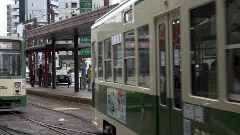 Vintage-Hiroden-Streetcars-Arriving-At-Hiroshima-Station