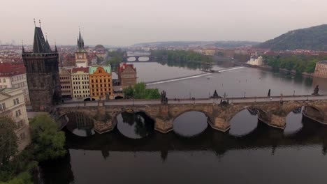 Aerial-shot-of-ancient-Charles-Bridge-in-Prague