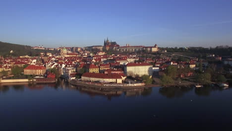 Aerial-shot-of-Prague-on-Vltava-river-bank-Czech-Republic