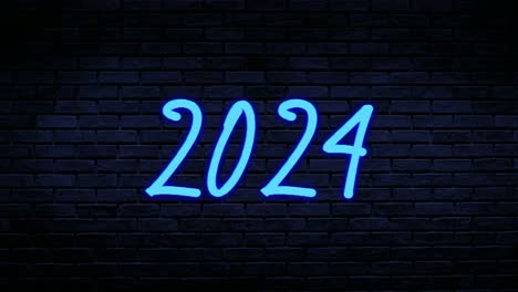 Zahl-2024-Blaue-Neon-Animationsgrafiken-Einfach-Auf-Backsteinmauer-Hintergrund