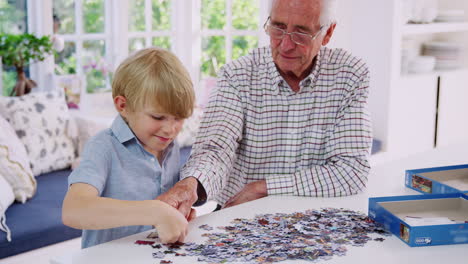Senior-man-and-grandson-doing-jigsaw-puzzle-together-at-home