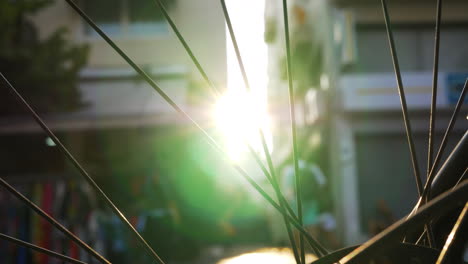 Looking-at-street-and-sun-flare-through-bike-wheel