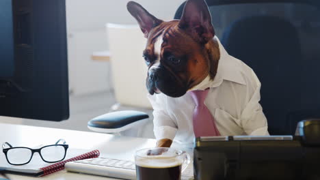 French-bulldog-sitting-in-office-looking-at-computer-screen