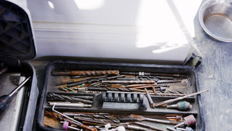 Close-Up-Of-Workmans-Tools-In-Toolbox-Viewed-From-Above