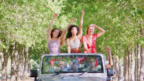 Girlfriends-standing-in-an-open-top-car-with-arms-in-the-air