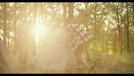 A-girl-with-black-skin-in-a-checkered-shirt,-along-with-the-rest-of-the-expedition-members,-sets-up-her-white-tent-for-an-overnight-stay-in-a-green-summer-forest