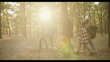 Side-view-of-a-group-of-six-people-in-special-hiking-clothes-and-with-backpacks-walking-through-the-summer-forest-during-their-hike.-Happy-people-wearing-plaid-shirts-and-walking-through-the-forest-in-summer