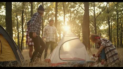 Un-Equipo-De-Cuatro-Personas-Durante-Una-Caminata-Con-Camisas-A-Cuadros-Montan-Sus-Tiendas-De-Campaña:-Una-Pequeña-Tienda-De-Campaña-En-Un-Bosque-Soleado-De-Verano.-Un-Pequeño-Grupo-De-Personas-Se-Detuvo-Para-Descansar-Durante-Una-Caminata-Y-Se-Prepara-Para-Pasar-La-Noche-En-El-Bosque-De-Verano.