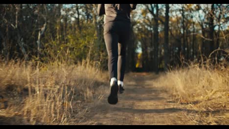 Un-Atleta-Masculino-Con-Uniforme-Deportivo-Negro-Y-Zapatillas-Negras-Corre-Por-El-Suelo-A-Lo-Largo-De-Un-Sendero-Bajo-Y-Estrecho-Entre-Hierba-Seca-Y-árboles-Altos-En-El-Bosque-Otoñal-Y-Los-Parques.