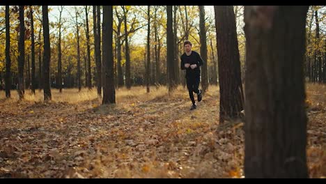 Confident-sporty-man-with-curly-hair-in-a-black-sports-uniform-runs-through-the-forest-with-fallen-yellow-leaves-on-a-sunny-autumn-day.-Male-athletes-in-black-sportswear-run-between-trees-with-fallen-brown-leaves-in-the-autumn-morning