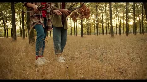 Close-up-shot-of-a-man-and-a-girl-walking-through-a-Autumn-forest-and-collecting-firewood-for-a-fire-during-a-rest-stop-during-a-hike