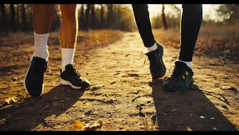 Primer-Plano-De-Una-Pareja-De-Amigos-Con-Zapatillas-Negras-Y-Calcetines-Blancos-Estiran-Los-Pies-Antes-De-Empezar-A-Trotar-Por-Un-Sendero-De-Tierra-En-Un-Parque-Otoñal-Al-Amanecer.