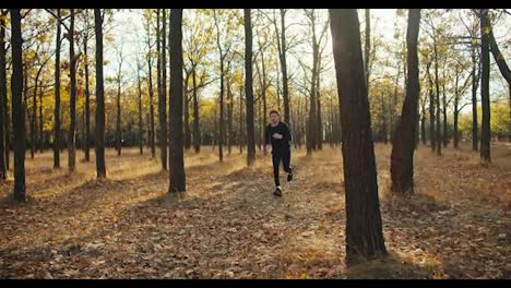 A-male-athlete-with-curly-hair-and-a-beard-in-a-black-sports-uniform-runs-quickly-through-an-autumn-forest-with-fallen-leaves-and-dry-grass