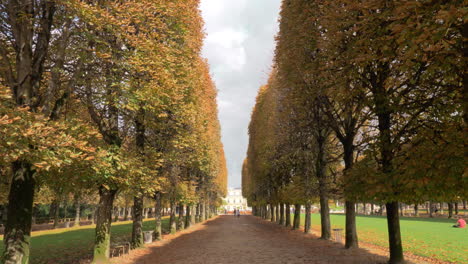 Herbstszene-Der-Von-Bäumen-Gesäumten-Promenade-In-Den-Luxemburger-Gärten,-Paris,-Frankreich
