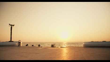 Ein-Mann-Und-Ein-Mädchen-Halten-Im-Sommer-Im-Morgengrauen-Mit-Fahrrädern-An-Einem-Schönen-Sonnigen-Sommerstrand.-Ein-Mann-Und-Ein-Mädchen-Fahren-Am-Strand-Entlang-Und-Erscheinen-Im-Rahmen