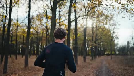 Rückansicht-Eines-Brünetten-Mannes-Mit-Schwarzer-Sportuniform,-Lockigem-Haar-Und-Bart,-Der-Beim-Morgendlichen-Joggen-Im-Sonnigen-Herbstwald-Einen-Erdweg-Entlangläuft