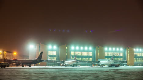 Timelapse-shot-of-Sheremetyevo-Airport-routine-at-winter-night-Moscow