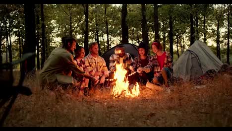 Happy-group-hikers-in-plaid-hiking-clothes-sit-in-a-circle-around-a-fire-and-roast-marshmallows-on-wooden-sticks-in-a-green-yellow-autumn-forest