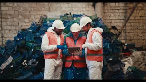 Ein-Trio-Von-Arbeitern-In-Weißen-Uniformen-Und-Orangefarbenen-Westen-Arbeitet-An-Einem-Laptop-Und-Kommuniziert,-Während-Sie-Neben-Einem-Berg-Aus-Plastikmüll-In-Einer-Müllrecyclinganlage-Stehen.