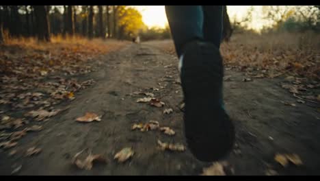 Close-up-shot-of-a-man-in-a-black-sports-uniform-and-black-sneakers-running-along-an-earthen-path-in-the-forest-strewn-with-fallen-brown-leaves-at-Sunrise-on-an-autumn-morning