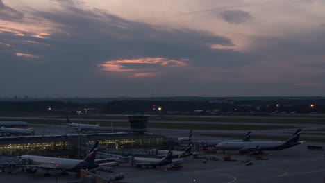 Timelapse-of-Sheremetyevo-Airport-in-late-evening-Moscow-Russia