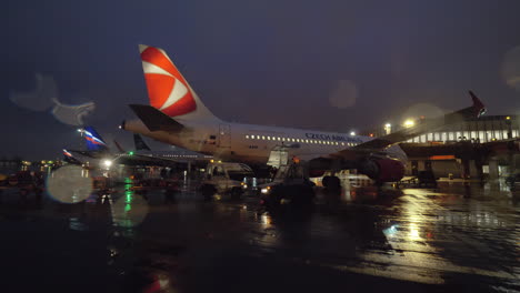 Passenger-airplane-of-Czech-Airlines-being-prepared-for-night-flight-Moscow