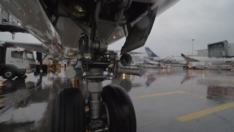 Aircraft-bottom-view-with-wheel-chock-Sheremetyevo-Airport-in-Moscow-Russia